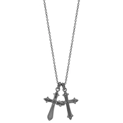 Northskull Men's Black Twin Baroque Cross Necklace In Gunmetal In Metallic