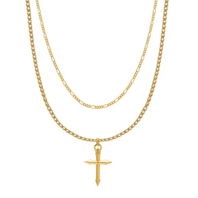 Northskull Men's Gold Medium Figaro & Cross Chain Necklace Set