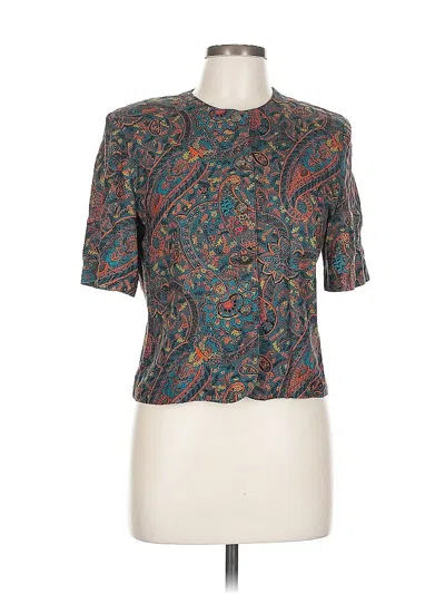 Pre-owned Norton Mcnaughton Short Sleeve Top Teal Mock Neckline Tops In Blue