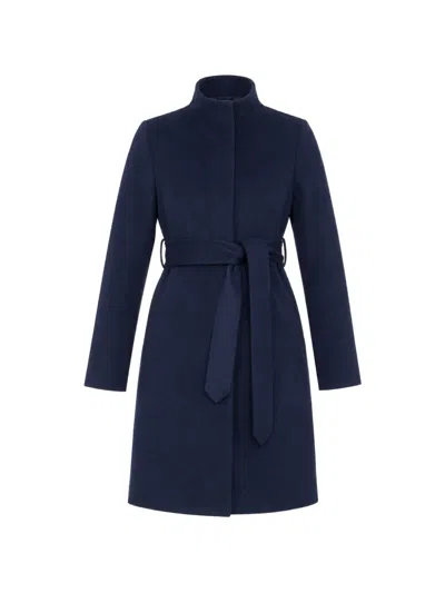Norwegian Wool Belted Stand-collar Coat In Blue
