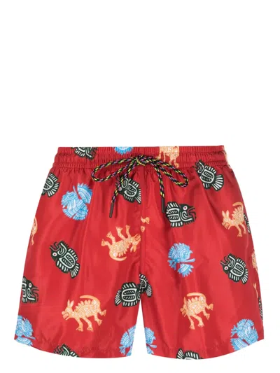Nos Beachwear Graphic-print Swim Shorts In Red,multicolor