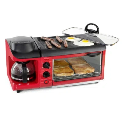 Nostalgia Retro 3-in-1 Family Size Electric Breakfast Station, Coffeemaker, Griddle, Toaster Oven, Aqua In Retro Red