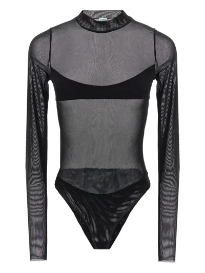 Not After Ten Long-sleeve Semi-sheer Bodysuit In Black