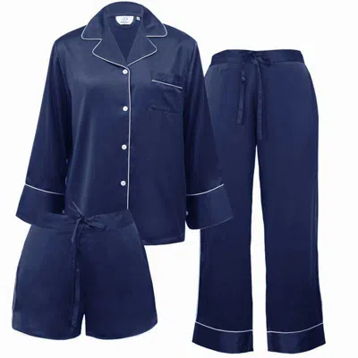 Not Just Pajama Black Women 3-piece Classic Silk Pajamas Set - Navy