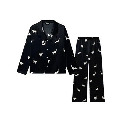 Not Just Pajama Women's Black Cats Edition Silk Pajamas Long Set
