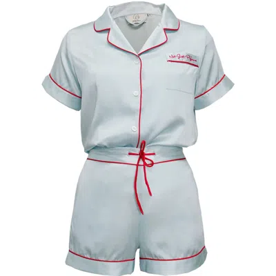Not Just Pajama Women's Love Embroidery Silk Short Pyjamas Set - Blue