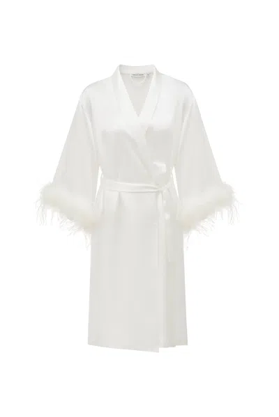 Not Just Pajama Women's White Bride-to-be Feathered Silk Robe - Ivory & Pink