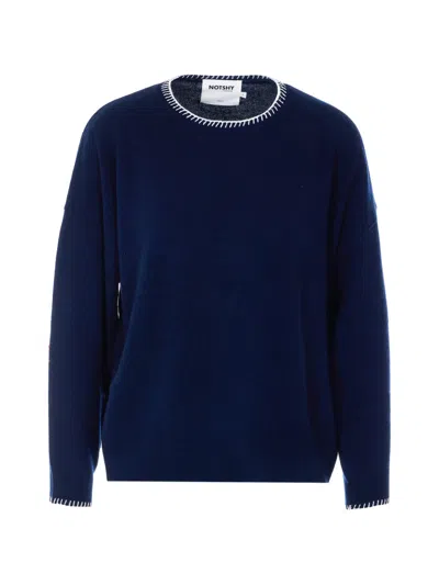 Not Shy Charlie Embroidered Crew-neck Sweater In Blue