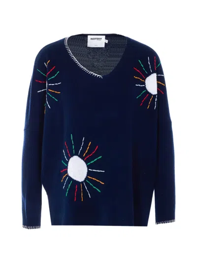 Not Shy Embroidered V-neck Cashmere Sweater In Blue