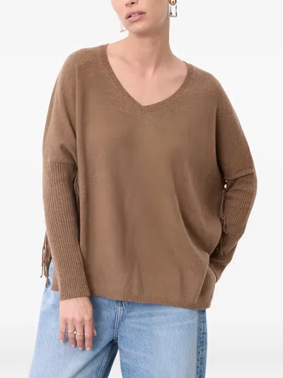 Not Shy Fenna Fringe-trim V-neck Sweater In Brown