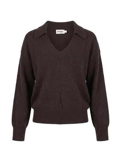 Not Shy Palmer Cashmere Polo-collar Sweater In 브라운