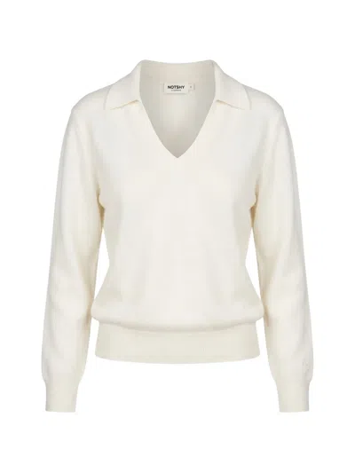Not Shy Palmer V-neck Spread-collar Sweater In 뉴트럴