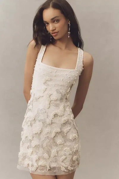 Not So Serious Square-neck Beaded Mini Dress In White