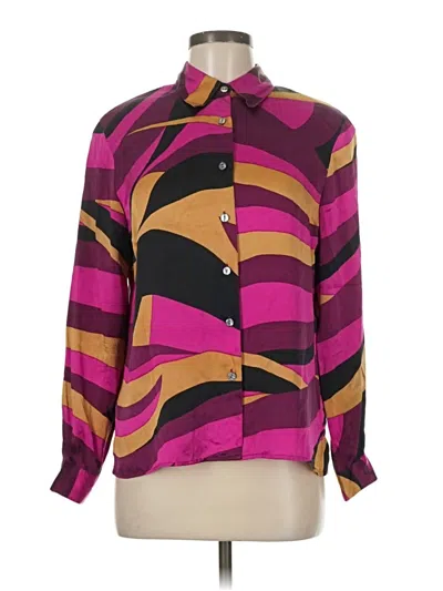 Pre-owned Notations Long Sleeve Silk Top Purple Color Block Pattern Collared Neckline Tops