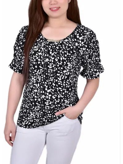 Notations Petites Womens Knit Printed Blouse In Black