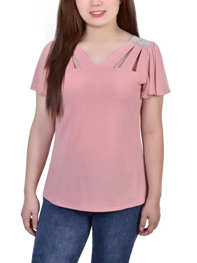 Notations Womens Polyester Rhinestones Pullover Top In Pink