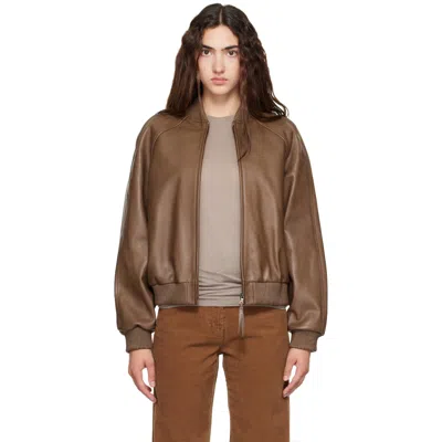 Nothing Written Khaki Roche Leather Bomber Jacket In Brown