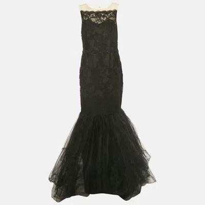 Pre-owned Notte By Marchesa Black Embroidered Tulle Mermaid Gown Xl