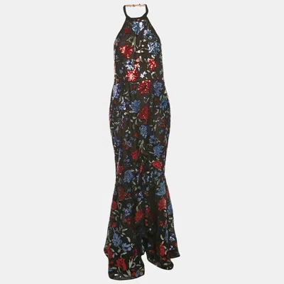 Pre-owned Notte By Marchesa Black Sequin Tulle Halter Neck Gown L