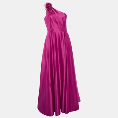 Pre-owned Notte By Marchesa Fuchsia Pink Duchess Satin Floral Applique One Shoulder Gown M