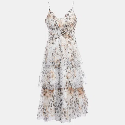 Pre-owned Notte By Marchesa White Printed Tulle Tiered Midi Dress L