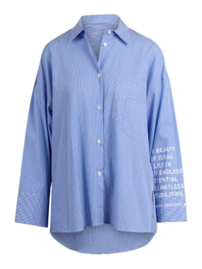 Noumeno Concept Pinstriped Shirt With Writing On The Sleeve In Blue