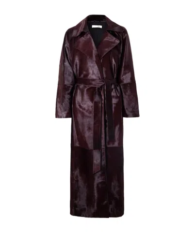 Nour Hammour Althea Belted Cow Hair Trench Coat In Burgundy