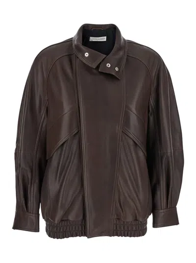 NOUR HAMMOUR ARISTE BROWN JACKET WITH HIGH NECK WITH BUTTONS IN LEATHER WOMAN
