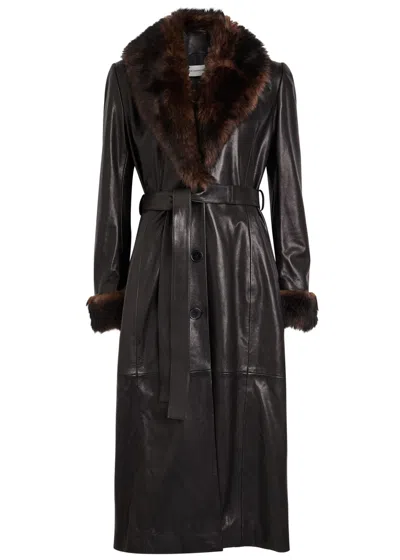 Nour Hammour Baez Fur-trim Leather Trench Coat In Brown
