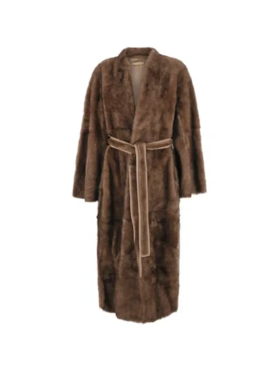 Nour Hammour Belted Shearling Robe Coat In Burgundy