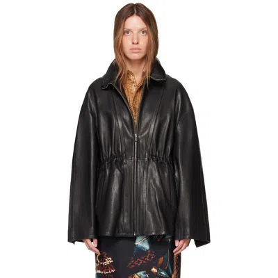 Nour Hammour Black Passage Funnelneck Leather Jacket In Noir Classique