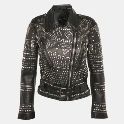 Pre-owned Nour Hammour Black Studded Leather Zip-up Jacket S