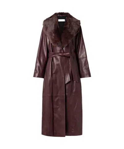 Nour Hammour Briona Belted Shearling-trimmed Leather Coat In Purple