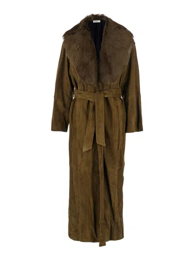 NOUR HAMMOUR OLIVE GREEN COAT WITH REMOVABLE FAUX-FUR LAPELS AND WAIST BELT IN SUEDE WOMAN