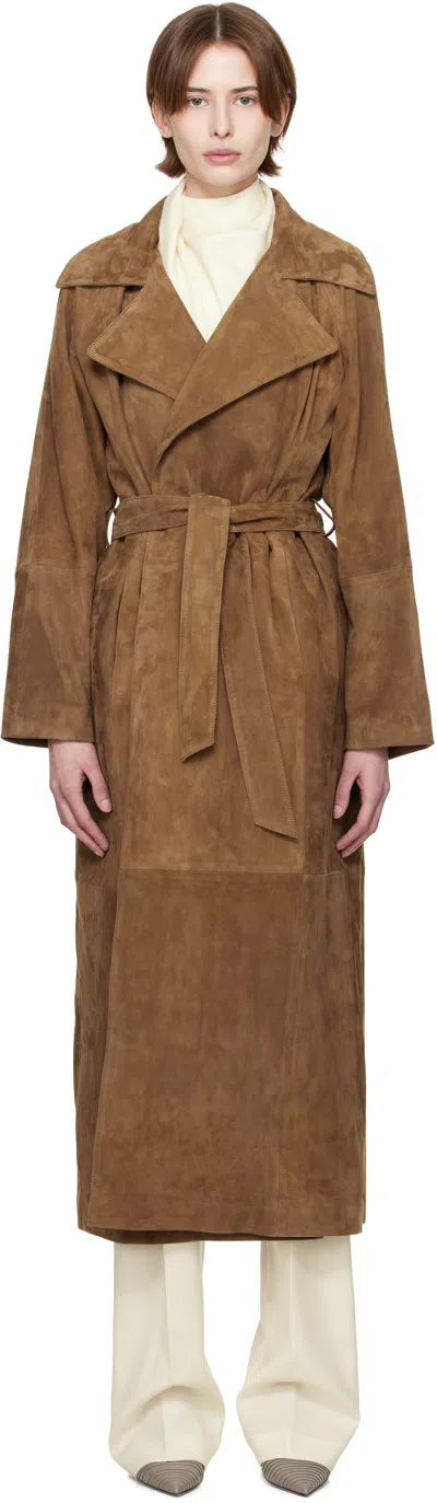 Nour Hammour Brown Althea Belted Suede Coat In Tobsue Tobacco Suede