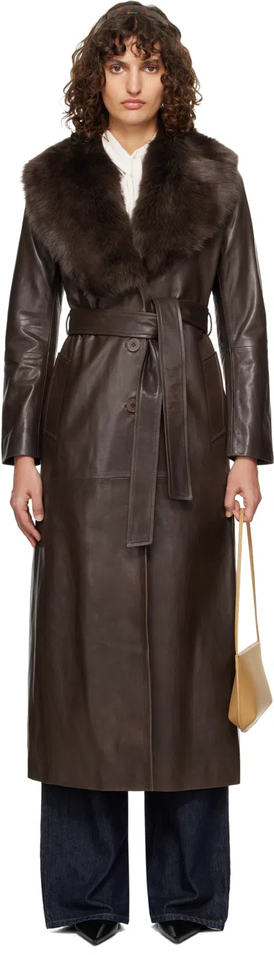 Nour Hammour Dakota Leather Trench Coat In Brown
