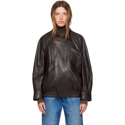Nour Hammour Brown Rafe Sculptural Leather Bomber Jacket In Antique Brown