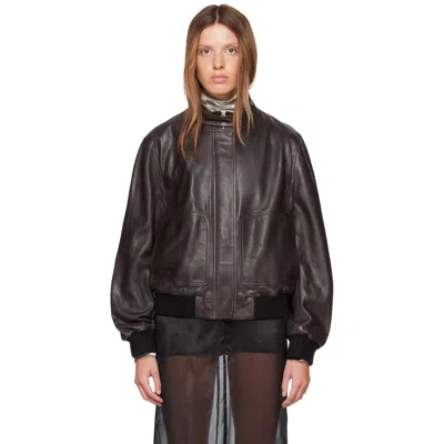 Nour Hammour Brown Rios Leather Bomber Jacket In Ebony Brown