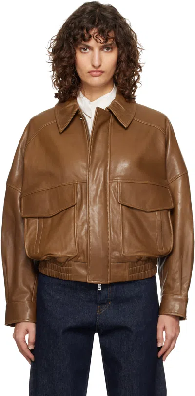 Nour Hammour Brown Runa Soft Leather Bomber Jacket