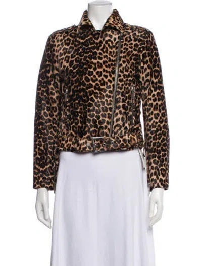 Pre-owned Nour Hammour Calfskin Animal Print Biker Jacket In Brown