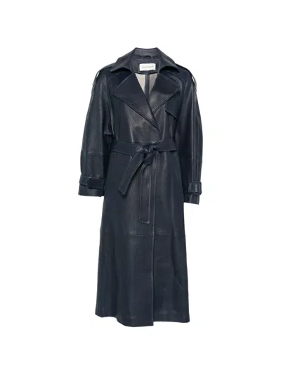 Nour Hammour Claudia Belted Textured-leather Trench Coat In Blue