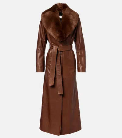 Nour Hammour Dakota Shearling-trimmed Leather Coat In Brown