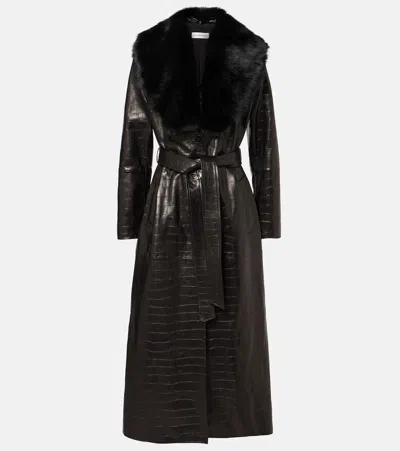 Nour Hammour Dakota Shearling-trimmed Leather Wrap Coat In Black