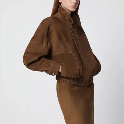 Nour Hammour Dalma Brown Suede Bomber Jacket In Black