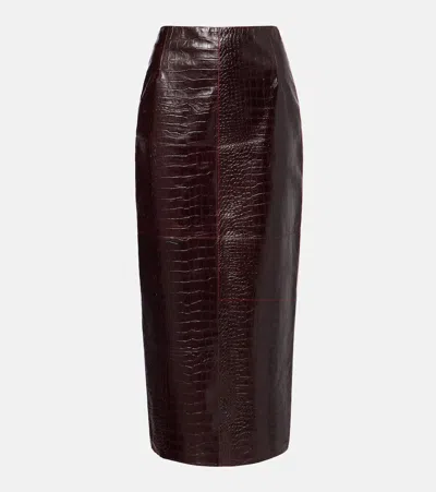 Nour Hammour Elyse Croc-effect Leather Pencil Skirt In Brown