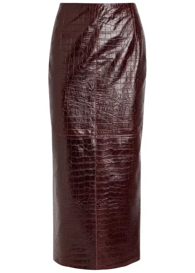 Nour Hammour Elyse Crocodile-effect Leather Midi Skirt In Brown