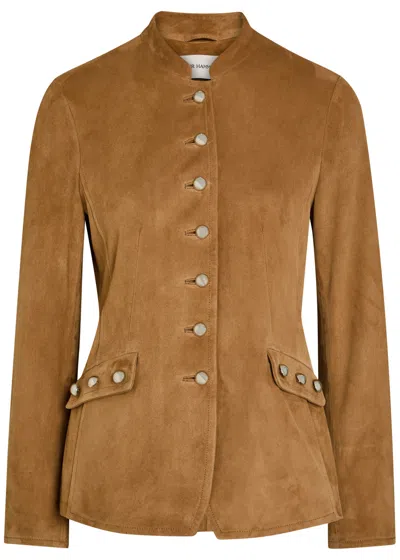 Nour Hammour Mandarin-collar Suede Jacket In Brown