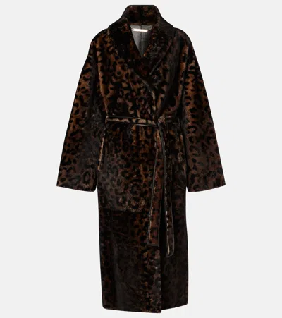 Nour Hammour Imani Leopard-print Shearling Wrap Coat In Brown