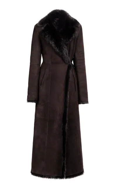 Nour Hammour Joni Shearling-trimmed Suede Coat In Brown