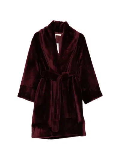Nour Hammour Juno Belted Fur Coat In Burgundy